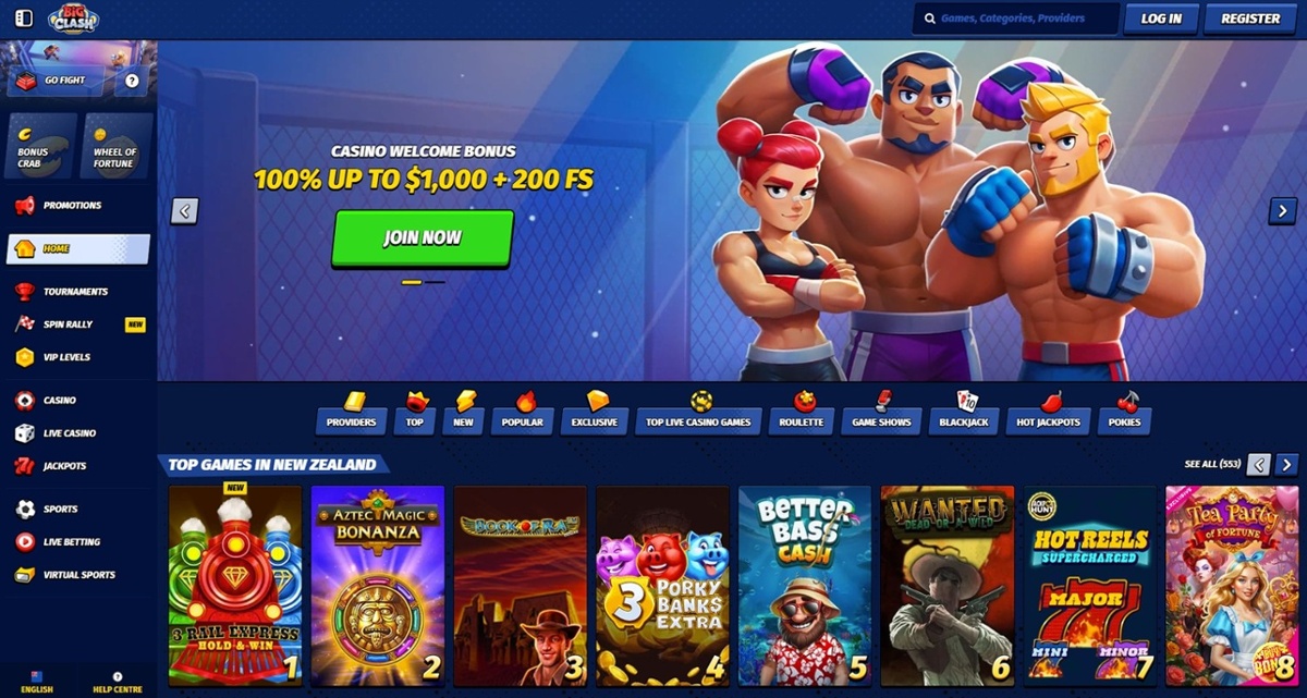 BigClash casino homepage showing the welcome bonus and top games